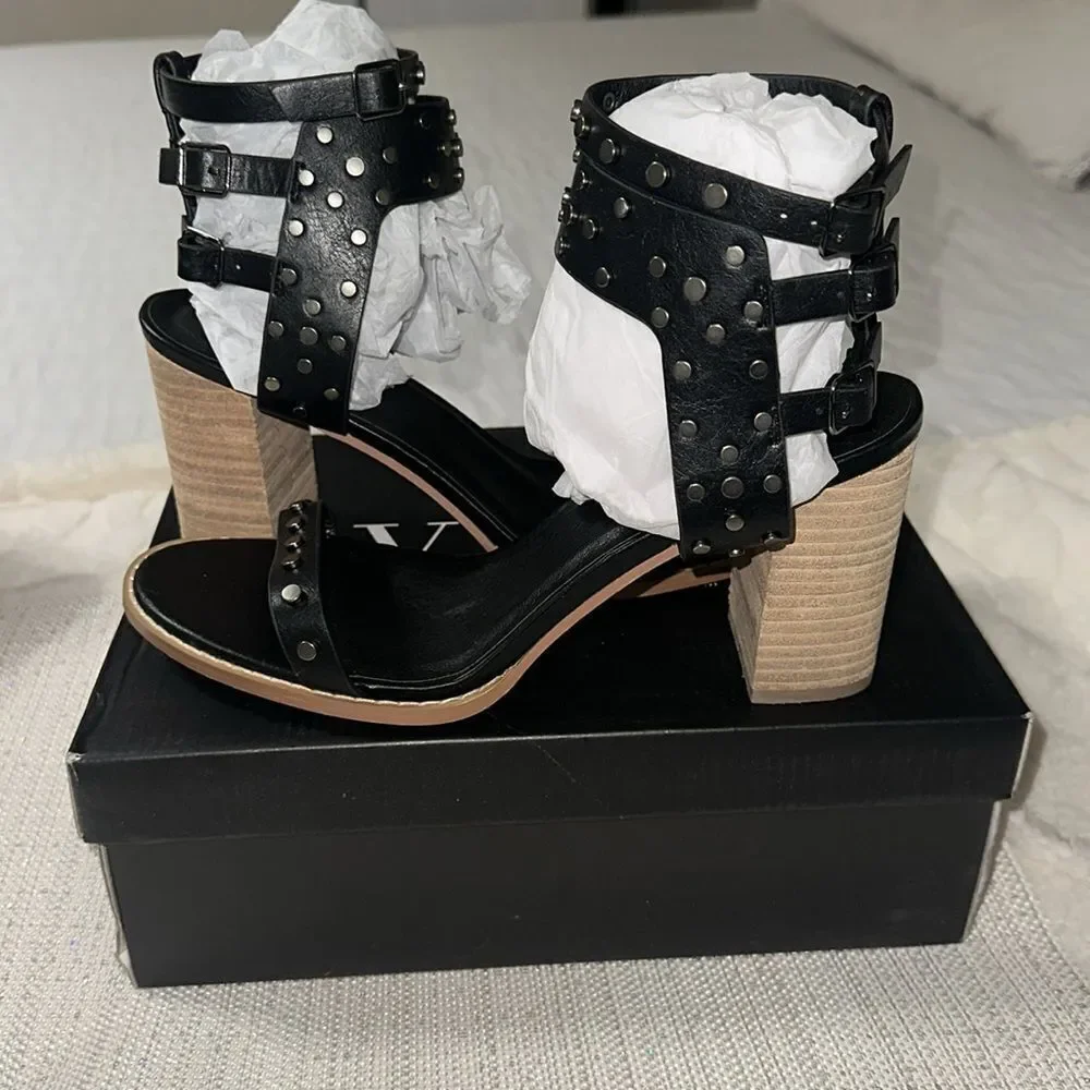 VICI 10 Celeste Black Metallic Studded Block Heel Strappy Multi Buckle Sandal - Picture 3 of 13